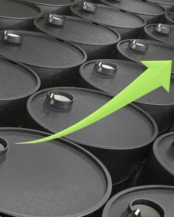 oil barrels with green illustrated directional arrow pointing to the top right