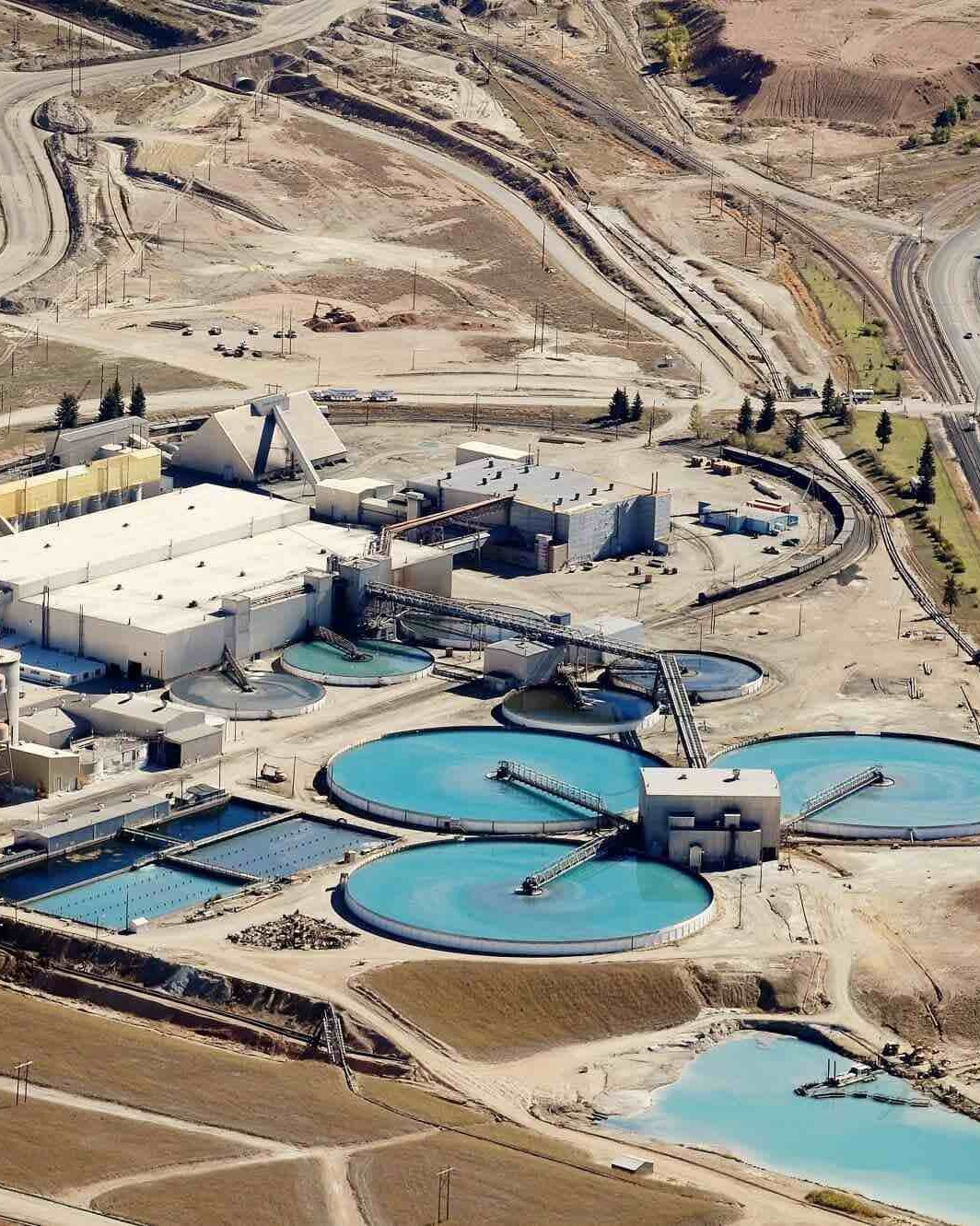 overhead view of mine complex with tailing ponds