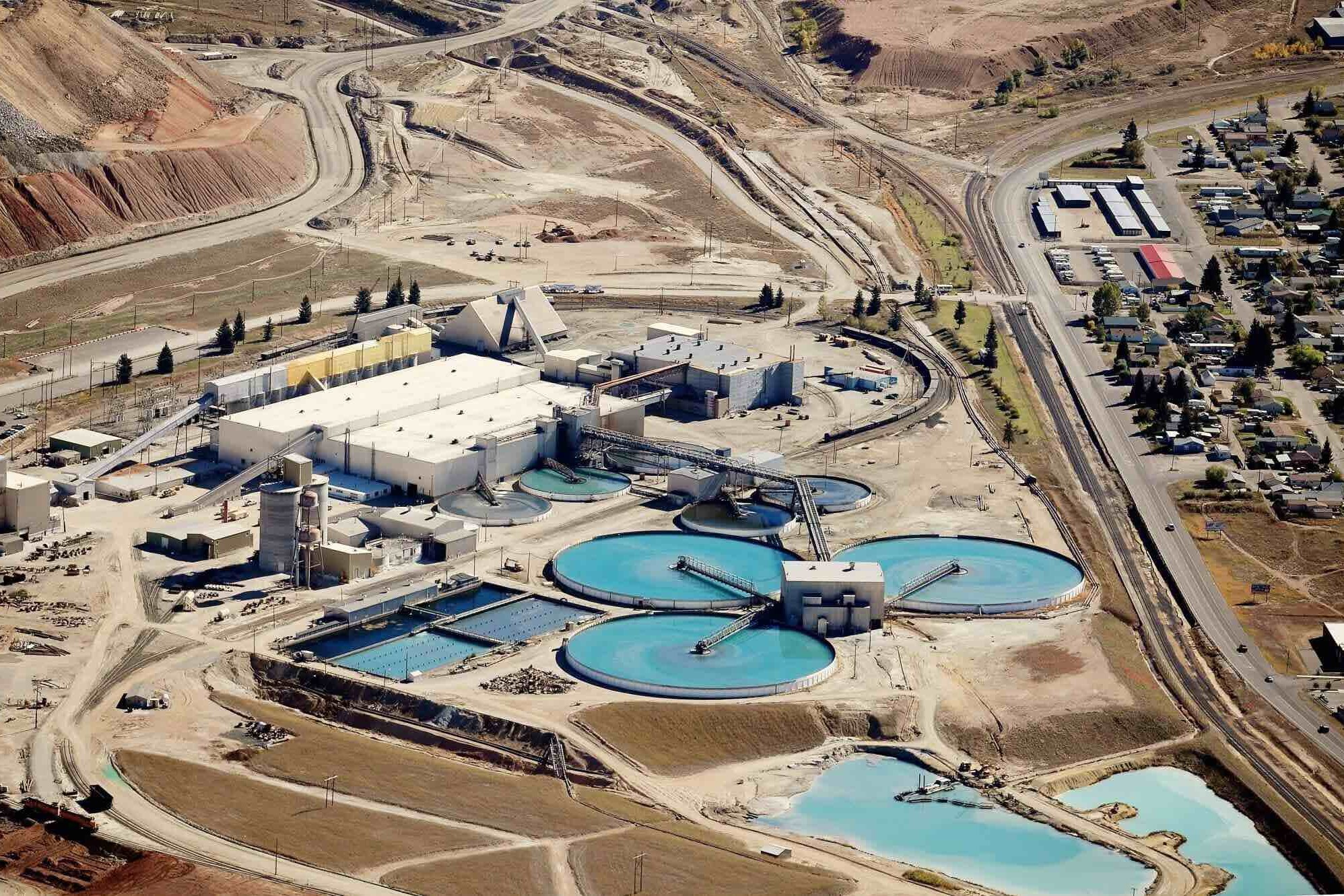 overhead view of mine complex with tailing ponds