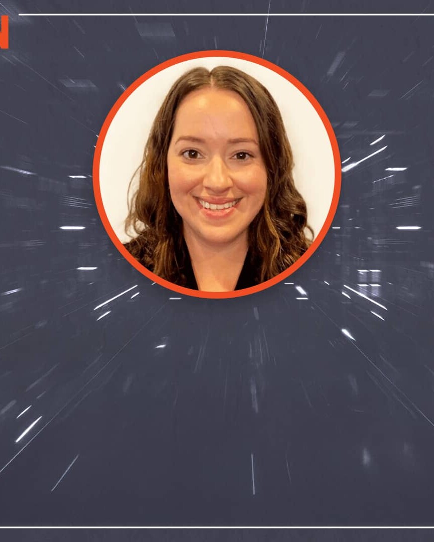 woman's face in white circle with orange stroke on a dark gray background