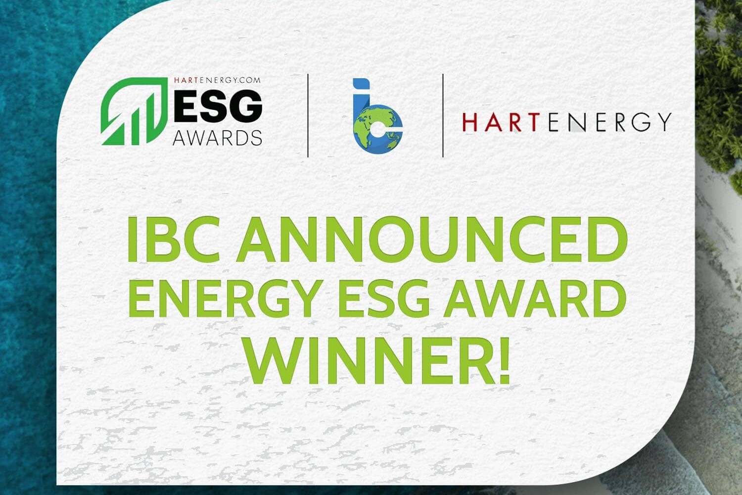 IBC announced energy esg winner text with logos over beach