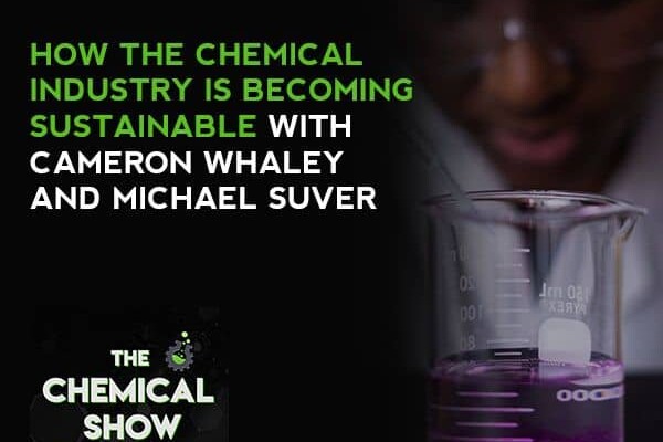 scientist looking into glass beaker with purple liquid with text