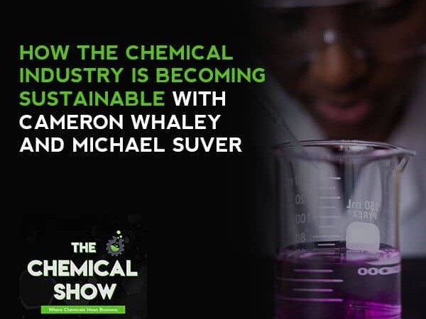 scientist looking into glass beaker with purple liquid with text