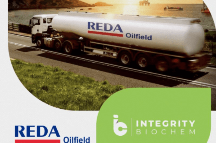 Reda Oilfield and Integrity BioChem logo with image of tractor trailer towing a tanker