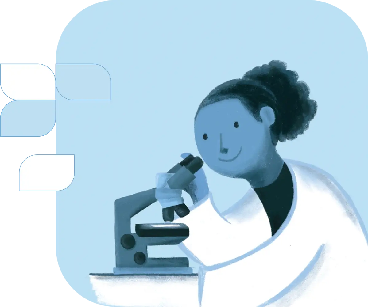blue and white illustrated smiling scientist looking into a microscope