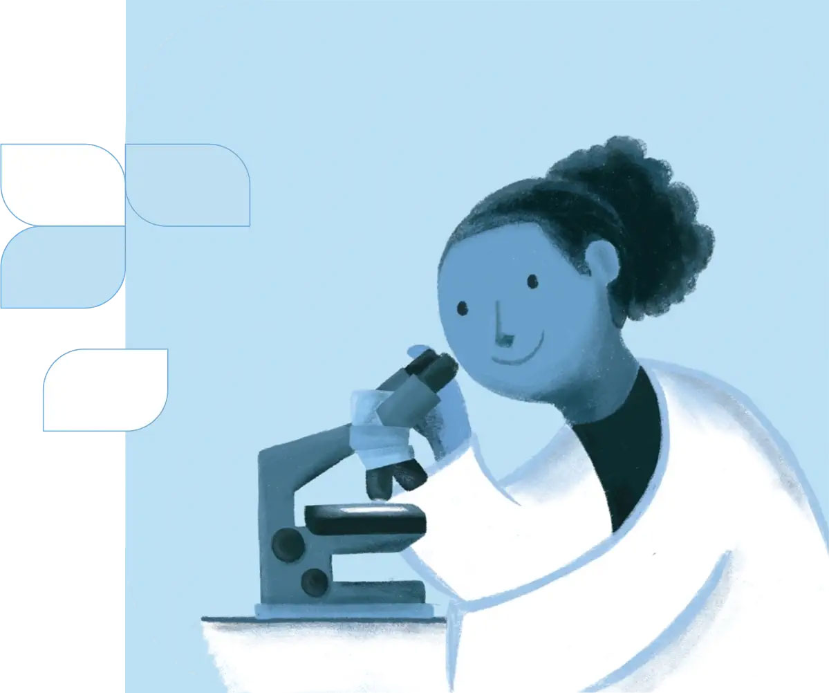 blue and white illustrated smiling scientist looking into a microscope